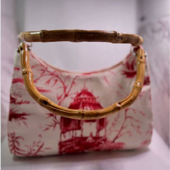 Talbots Red Toile Bamboo Handle Bag | Chinoiserie Pagoda Print | Top Handle - Picture 3 of 8